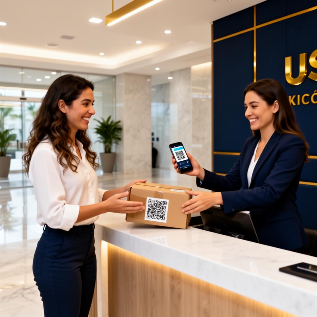 Moradora retirando encomenda apresentando QR Code