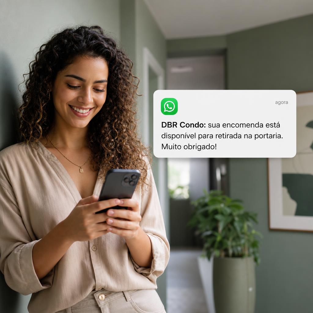 Moradora satisfeita lendo notificação no celular